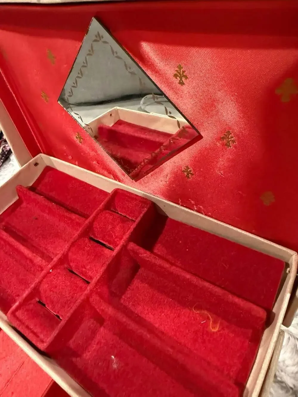 Vintage Mid-Century Jewelry Box with Red Velvet Interior and Mirror